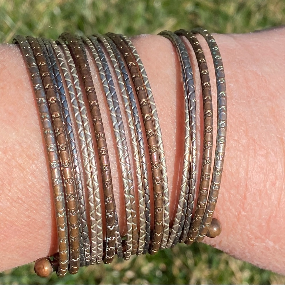 Mixed metals patterned layered stack bangles Boho gypsy rocker Hammered …